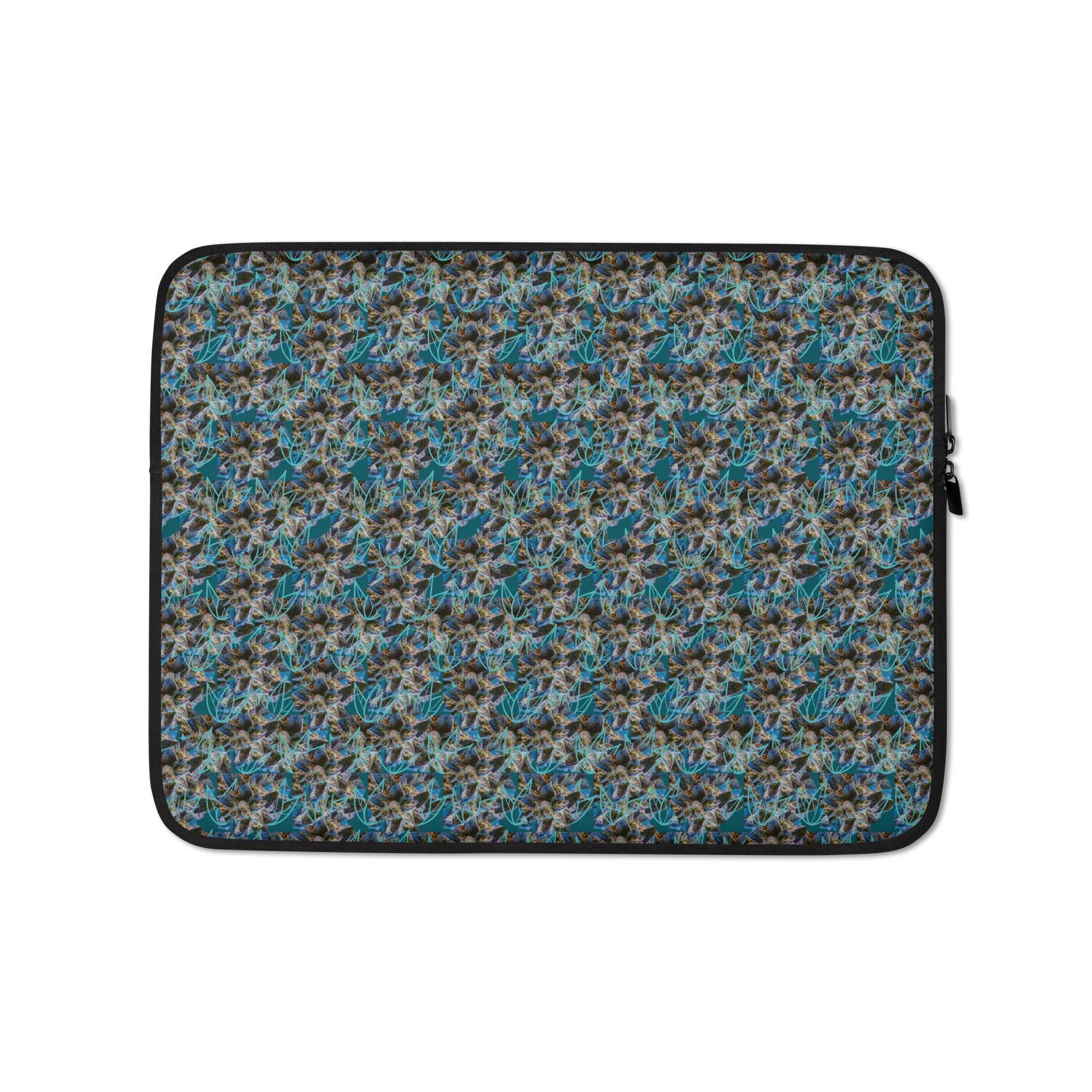 Blue BudWear sublimation laptop sleeve with a sleek design, shown from the front, perfect for protecting 13-inch laptops.