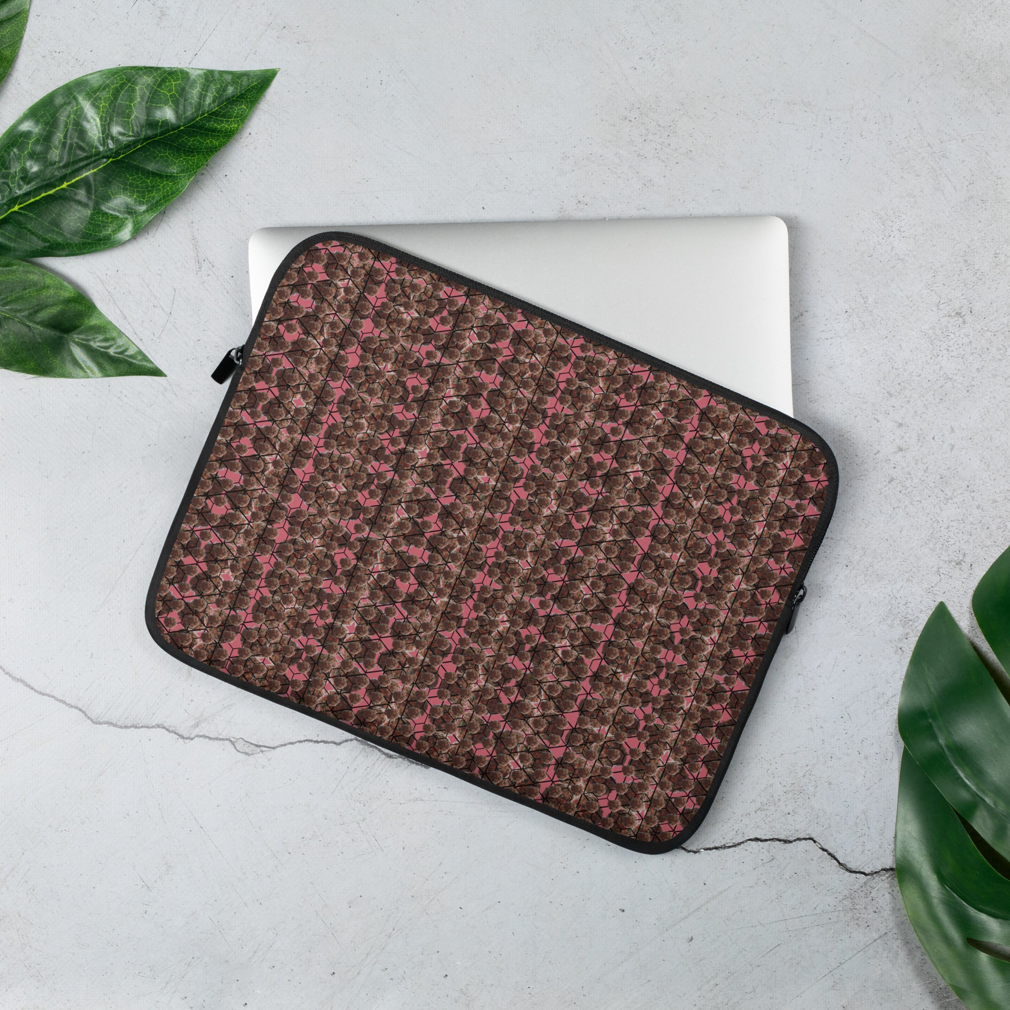 Laptop sleeve with botanical leaf print, padded protective case