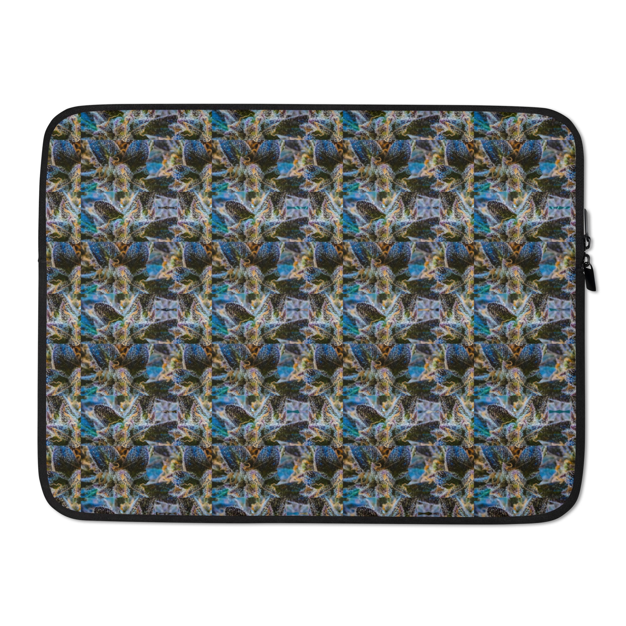 Blue-bud Laptop Sleeve by BudWear, sublimation design, showing the front view on a 15-inch laptop for protection and style.
