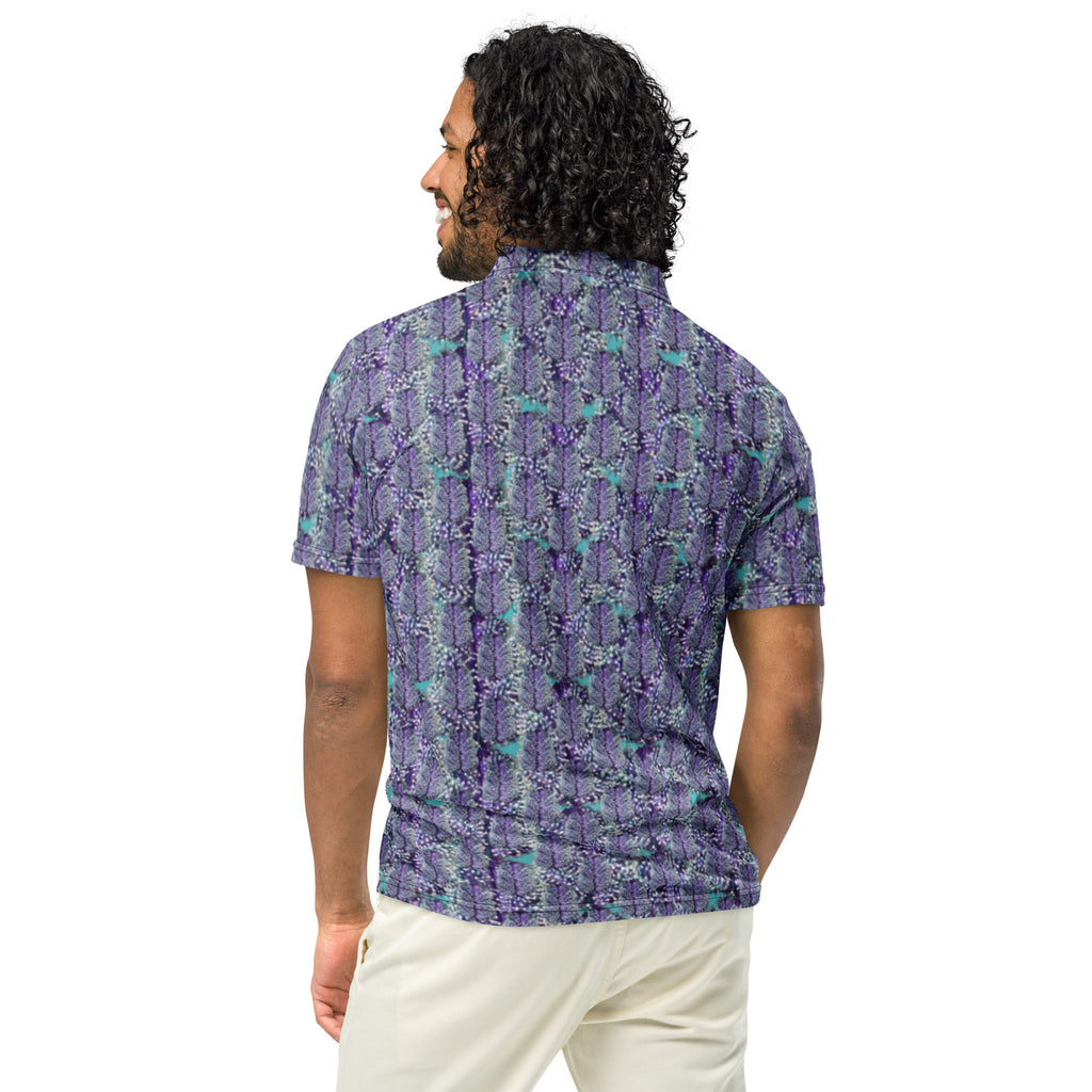 Men's slim-fit polo shirt with blue canna-bud print by BudWear, featuring an all-over cannabis-themed design on black fabric.