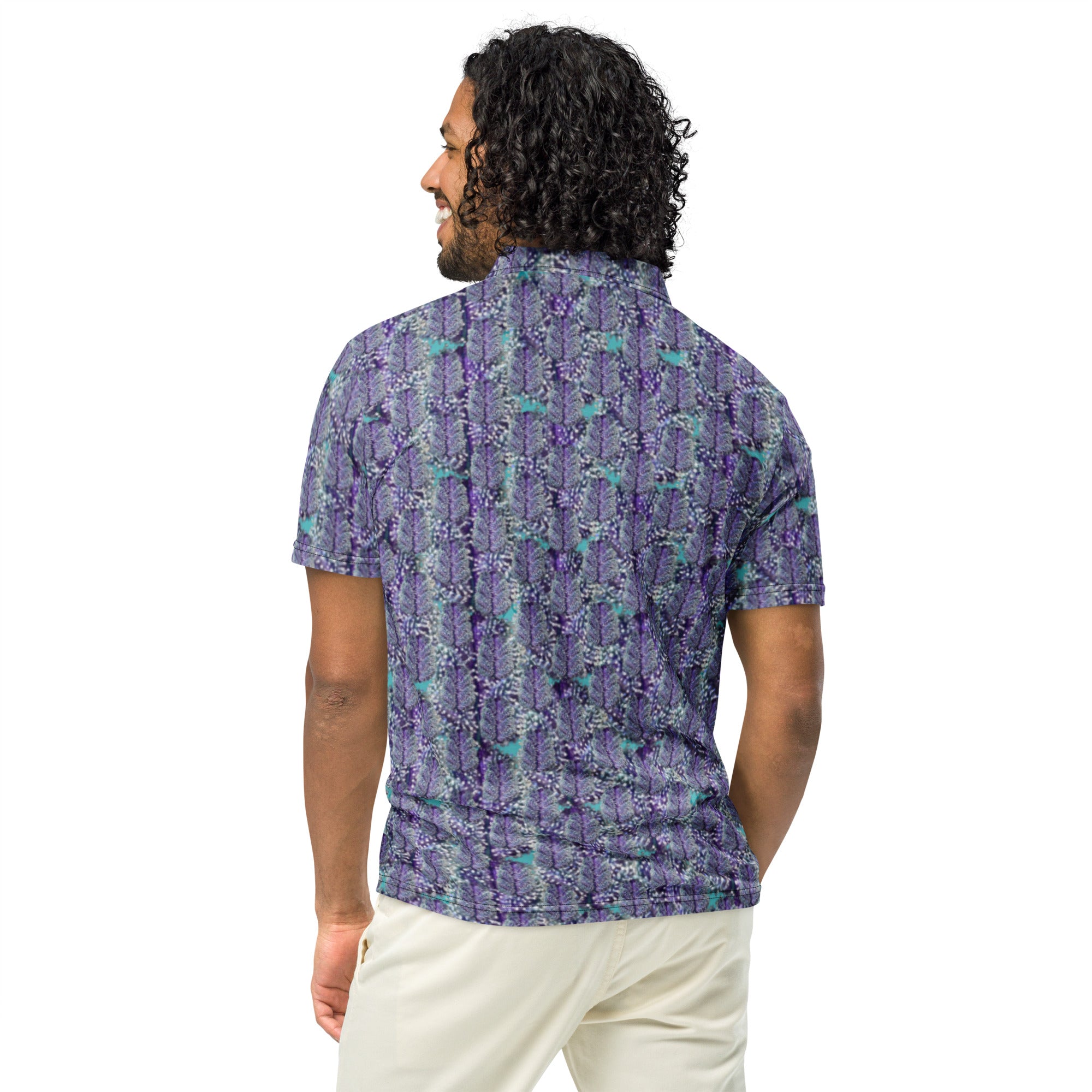 Men's slim-fit polo shirt with blue canna-bud print by BudWear, featuring an all-over cannabis-themed design on black fabric.
