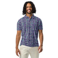 Men's slim-fit polo shirt with all-over blue Canna-Bud print from BudWear, featuring a black fabric background and detailed design.