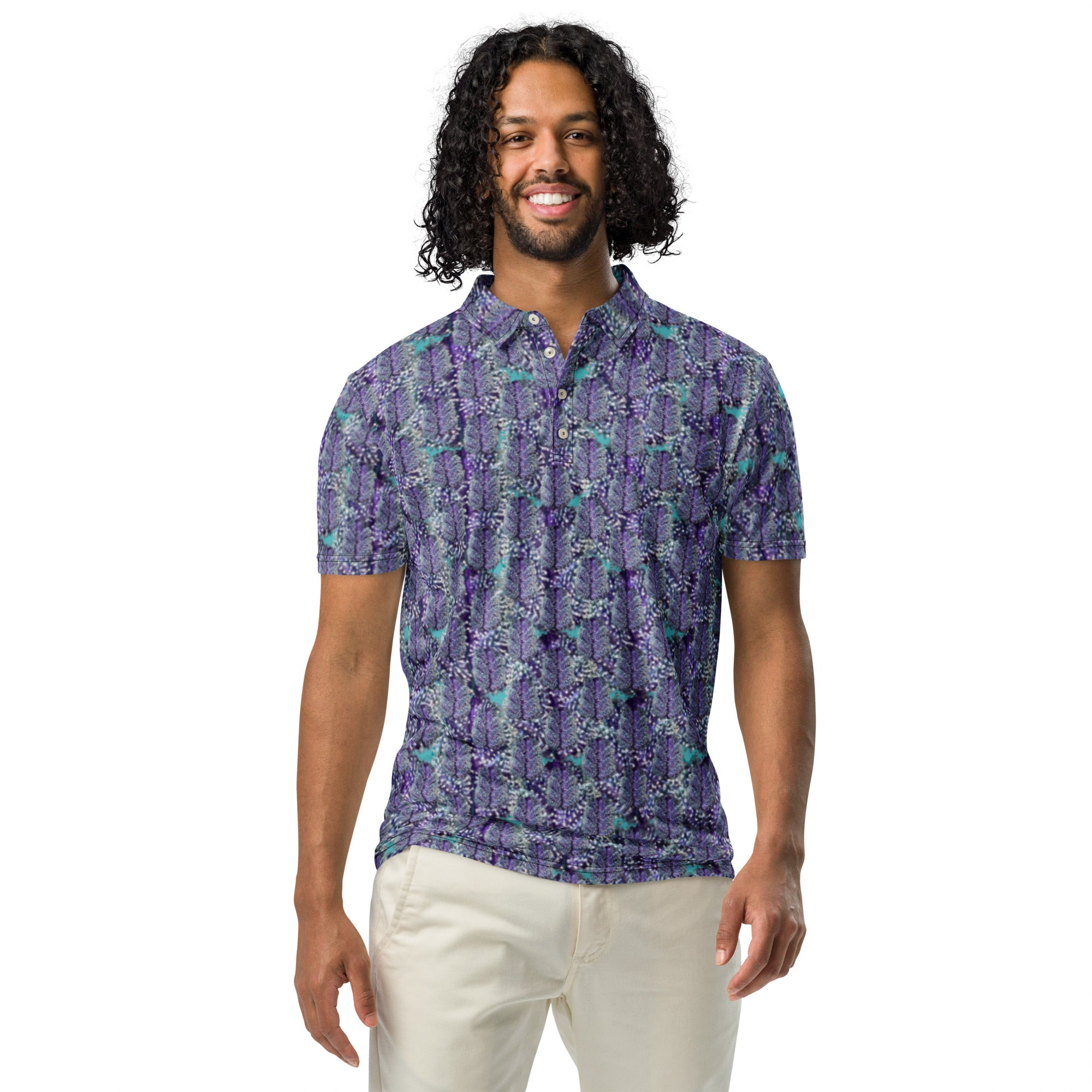 Men's slim-fit polo shirt with all-over blue Canna-Bud print from BudWear, featuring a black fabric background and detailed design.