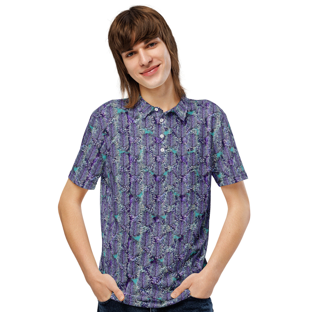 Men's slim-fit black polo shirt with all-over blue Canna-Bud print by BudWear, featuring a stylish and vibrant cannabis-themed design.