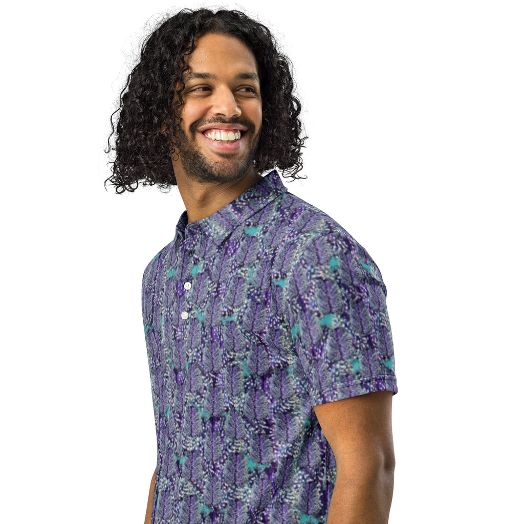 Men's slim-fit polo shirt with blue canna-bud print, black color, from BudWear's direct-to-fabric collection, shown front-left view.