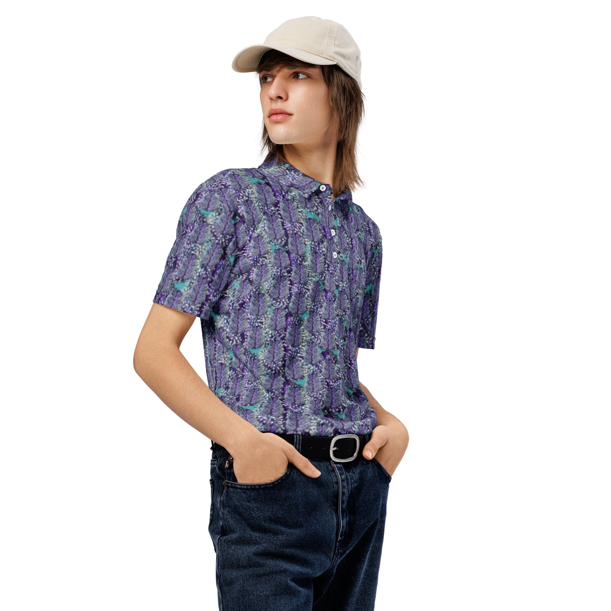 Men's slim-fit polo shirt with blue canna-bud print, black color, from BudWear's direct-to-fabric collection, right-front view.