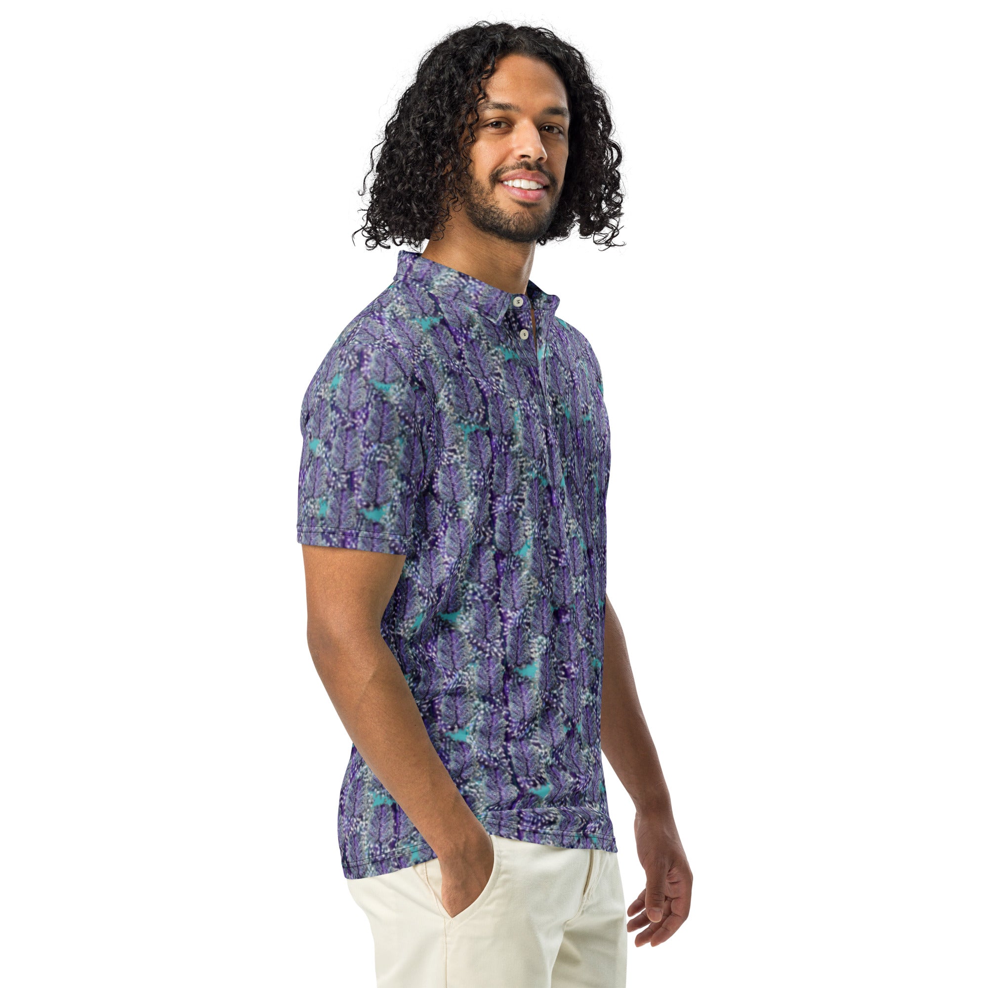 Men's slim-fit polo shirt by BudWear featuring an all-over blue Canna-Bud print on a black fabric background.