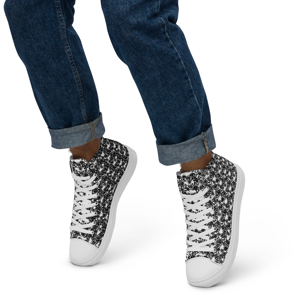 White men's high-top canvas shoes by BudWear, showcasing a stylish and comfortable design with laced front and rubber sole.