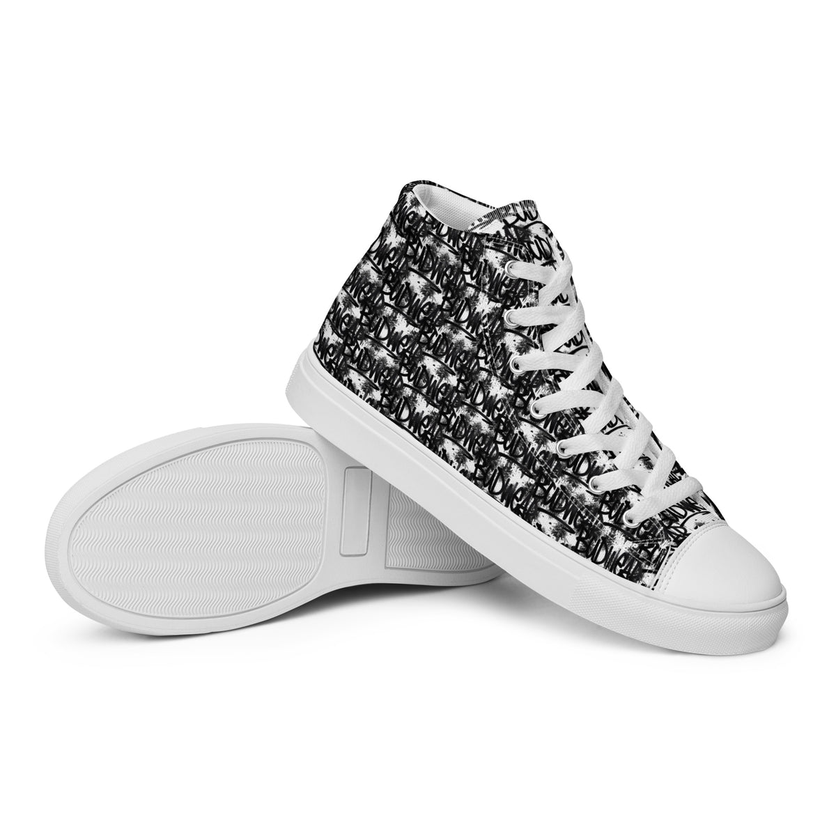 White men's high top canvas shoes by BudWear, showcasing the stylish design and comfortable fit on a neutral background.