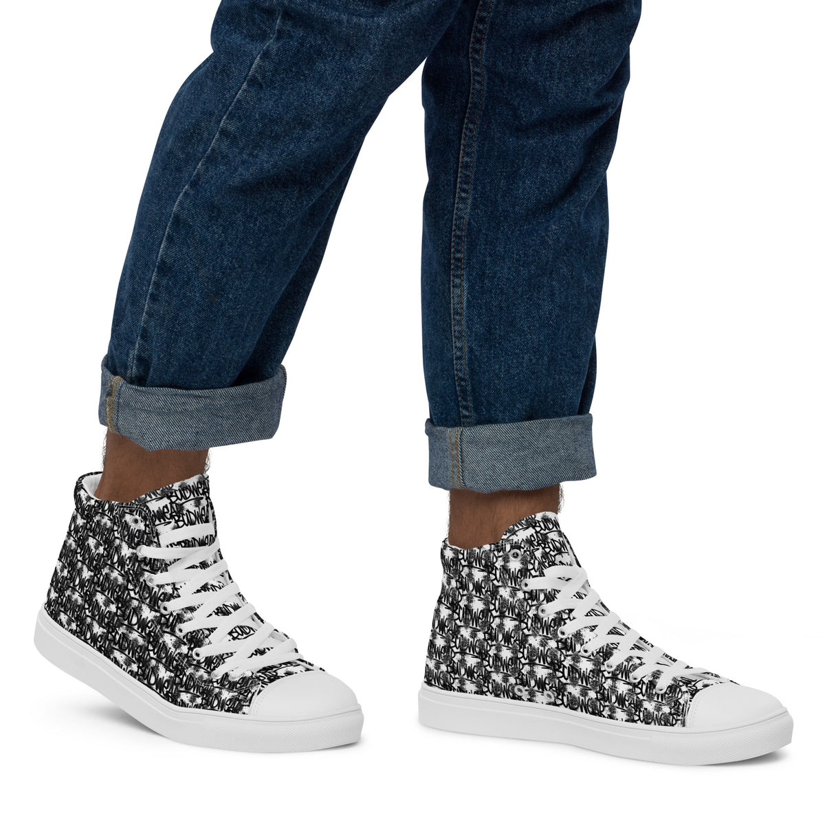 White men's high-top canvas shoes by BudWear, featuring a sleek design and comfortable fit, shown from the right side.