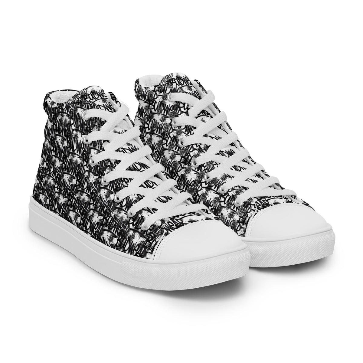 White men's high-top canvas shoes by BudWear, displayed from the right front angle with laces and sturdy sole.