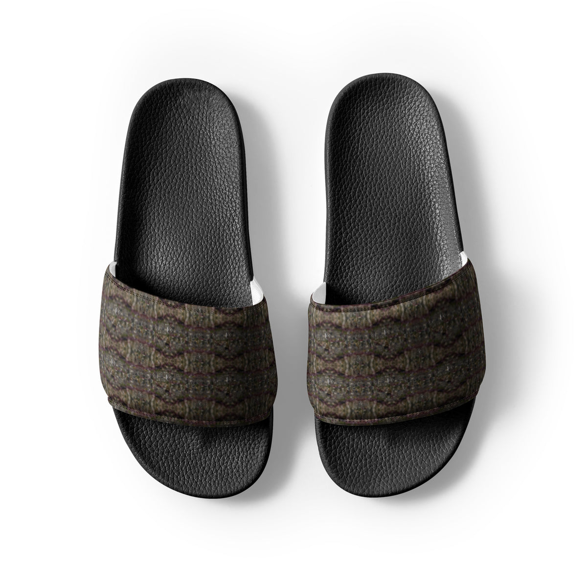 Black Dripping Trichome Men’s slides by BudWear, stylish casual shoes with a bold dripping design on the front.