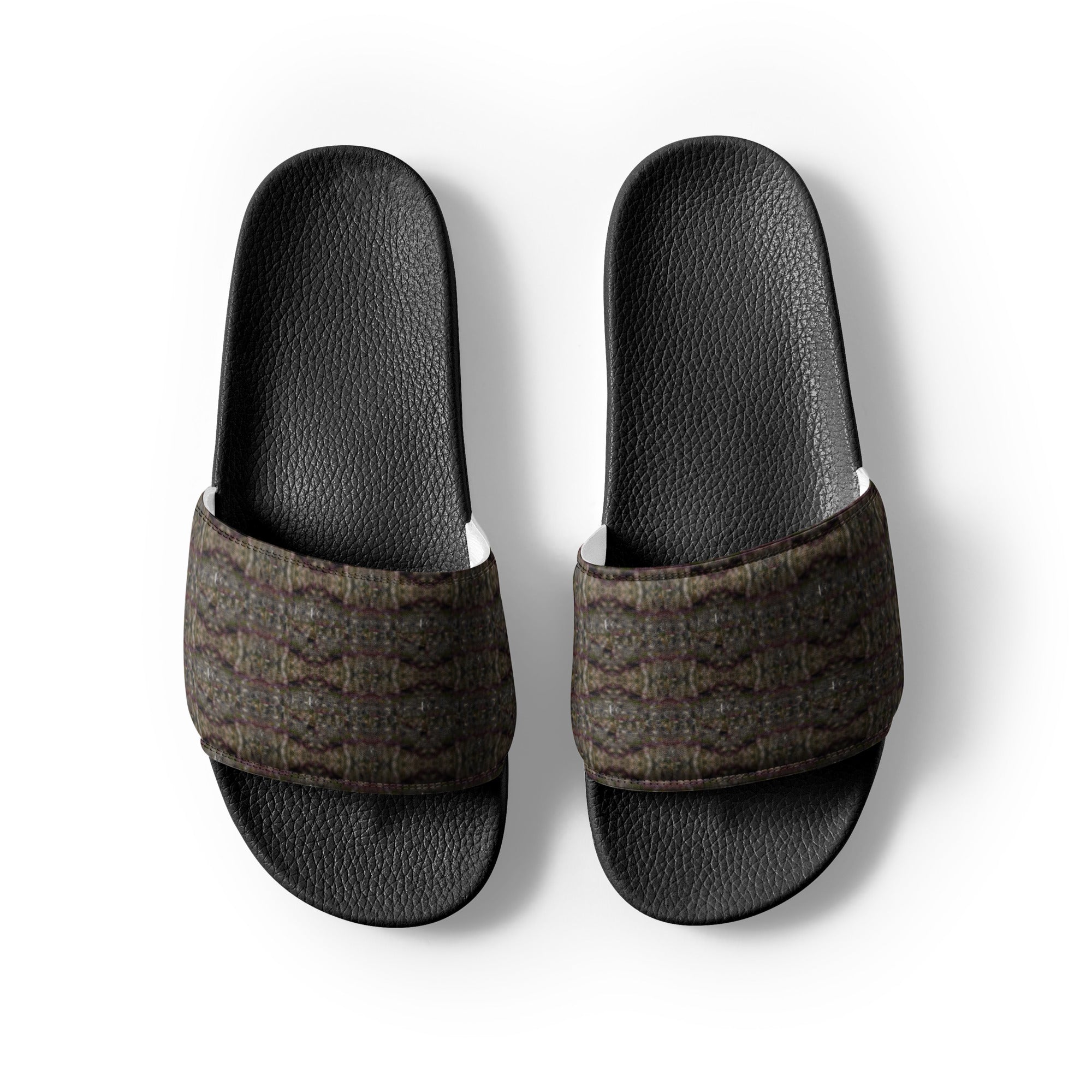 Black Dripping Trichome Men’s slides by BudWear, stylish open-toe shoes with a bold dripping design on the front.