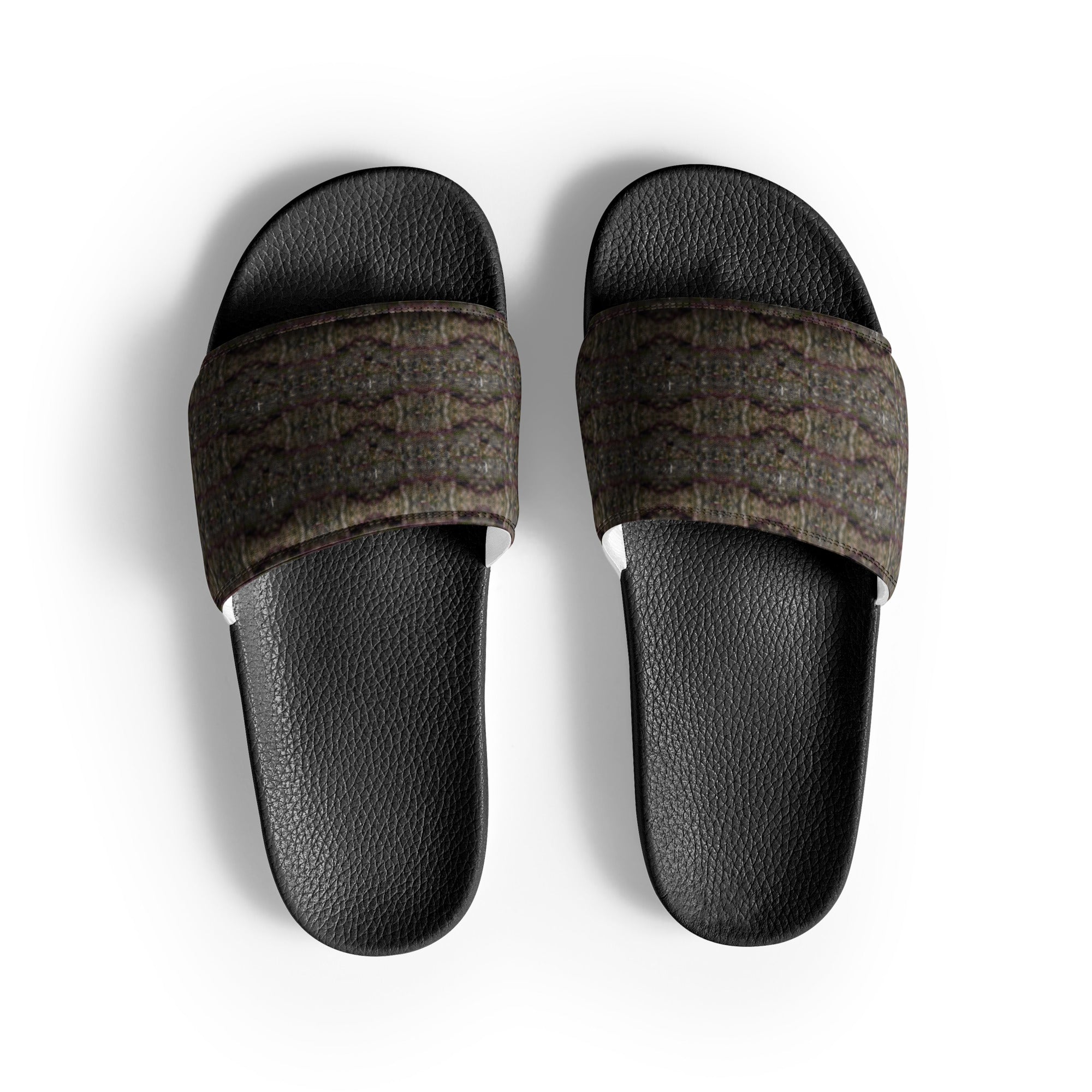 Black Dripping Trichome Men’s slides by BudWear, stylish slip-on shoes with a bold dripping design on the front.