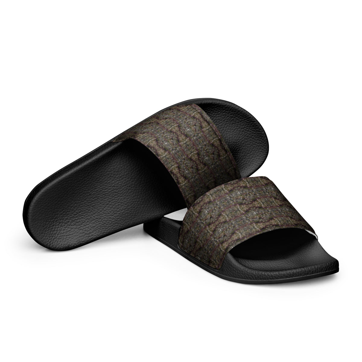 Black Dripping Trichome Men’s slides by BudWear, stylish slip-on shoes with bold graphic design and comfortable casual fit.