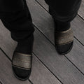 Black Trichoman men's slides featuring cannabis trichome design by BudWear, casual slip-on footwear with open toe and comfortable sole.