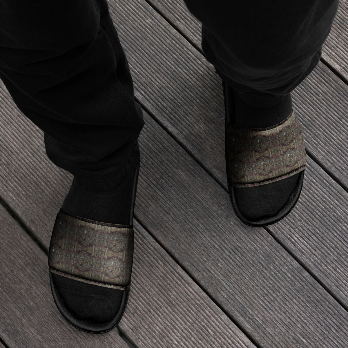 Black men's slides by BudWear featuring cannabis trichome design, casual open-toe sandals with a comfortable strap.