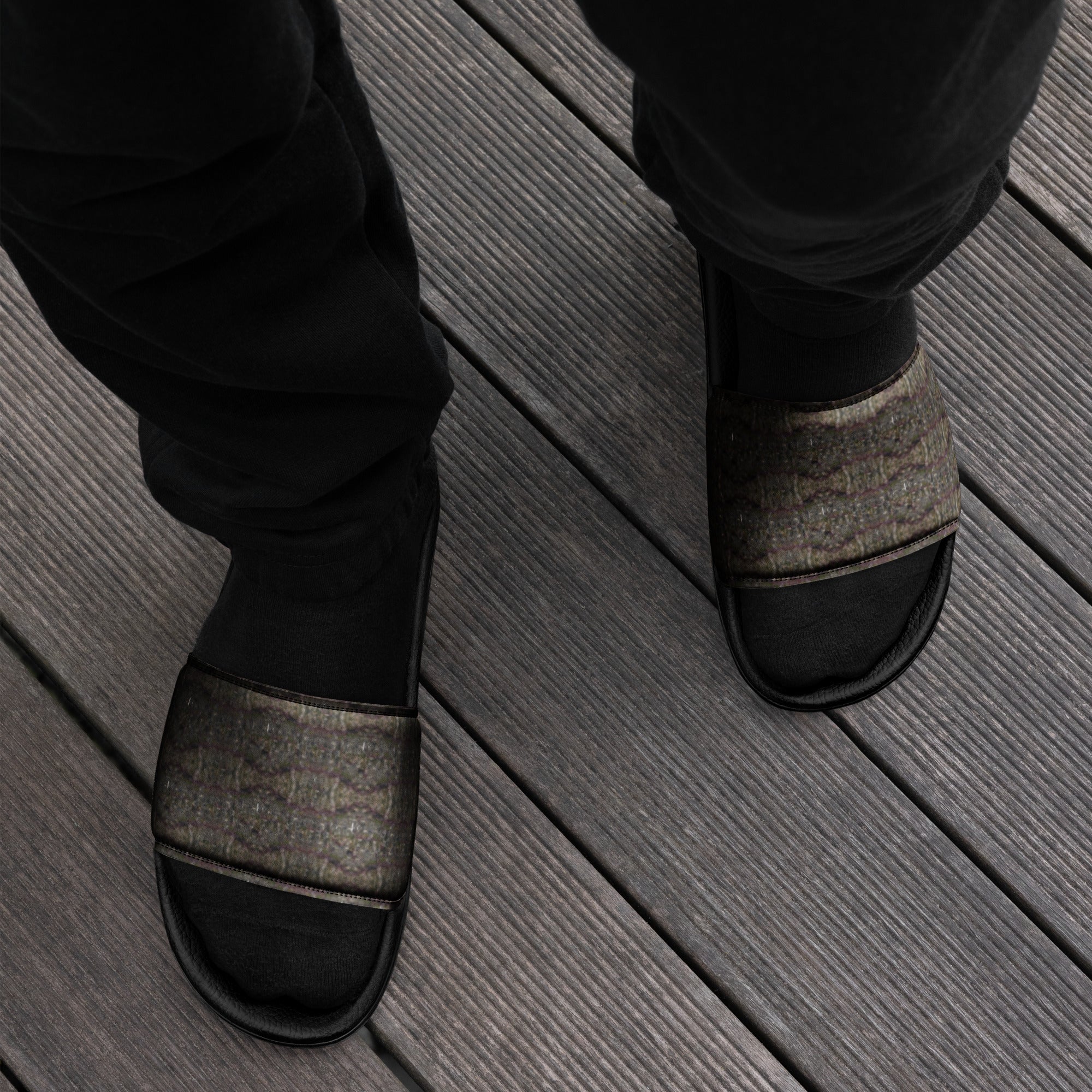 Black Trichoman men's slides featuring cannabis trichome design by BudWear, casual slip-on footwear with open toe and comfortable sole.