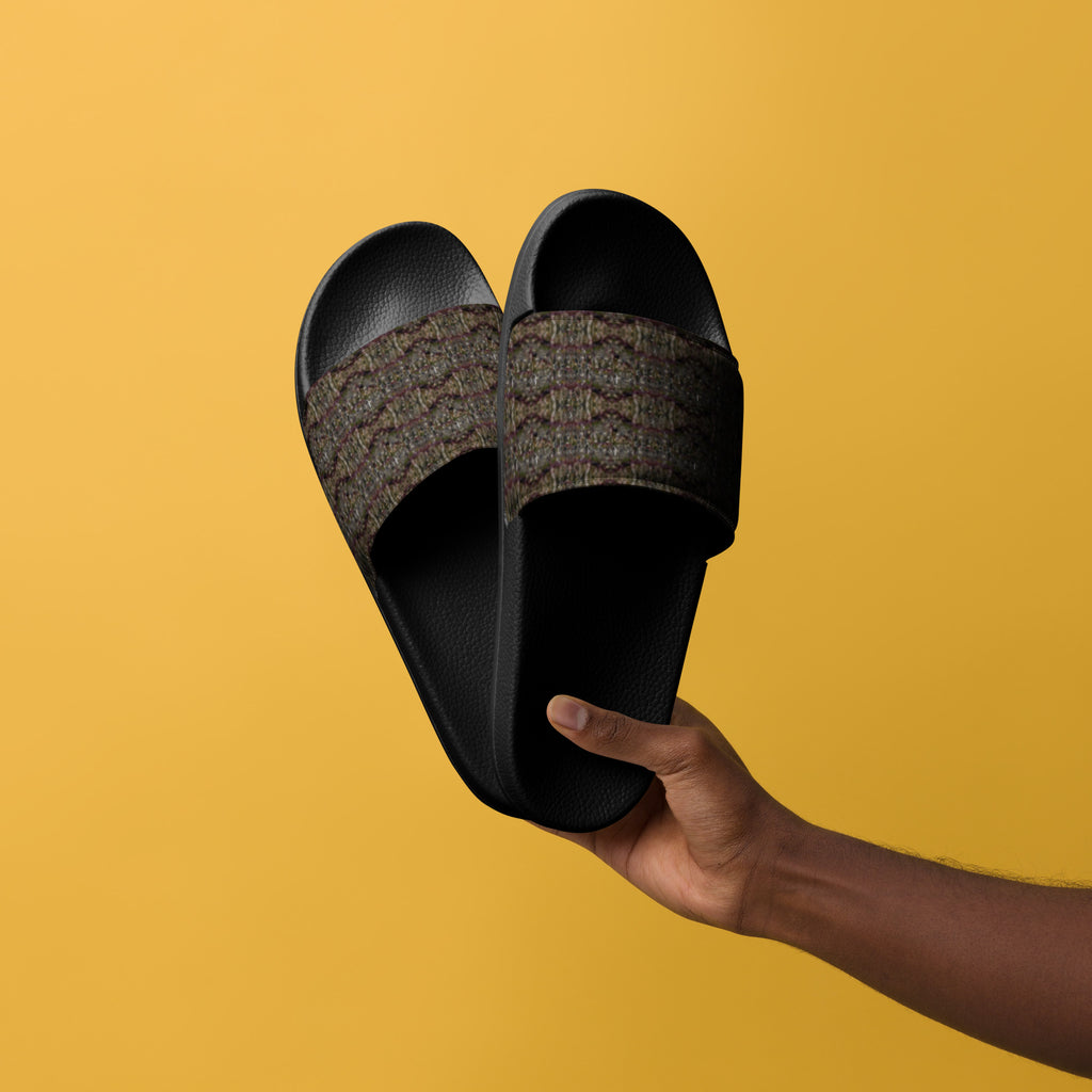 Black men's slides by BudWear featuring cannabis trichome design, casual slip-on footwear for comfortable everyday wear.