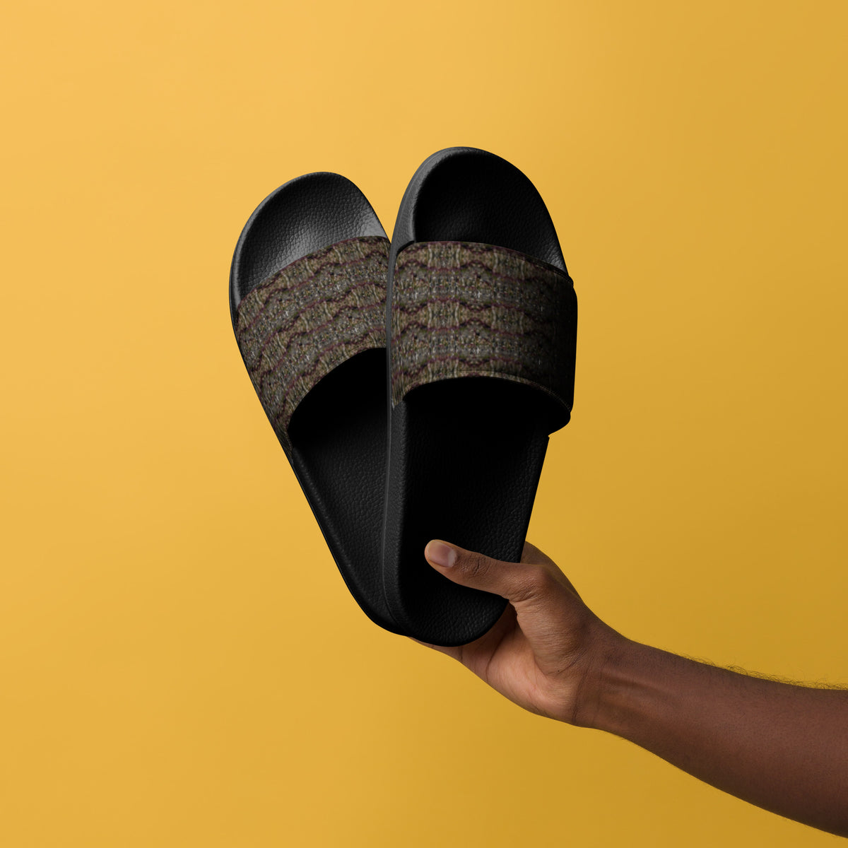 Black men's slides from BudWear featuring cannabis trichome design on the front, comfortable slip-on footwear.