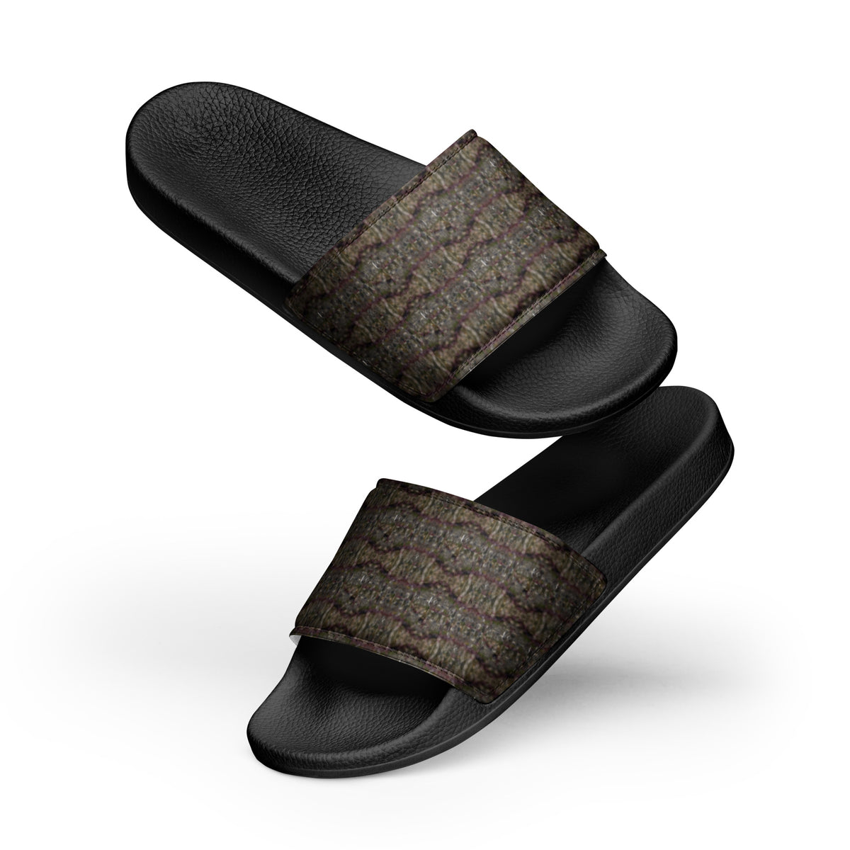 Black men's slides by BudWear featuring cannabis trichome design, with a comfortable slip-on style and open toe front.
