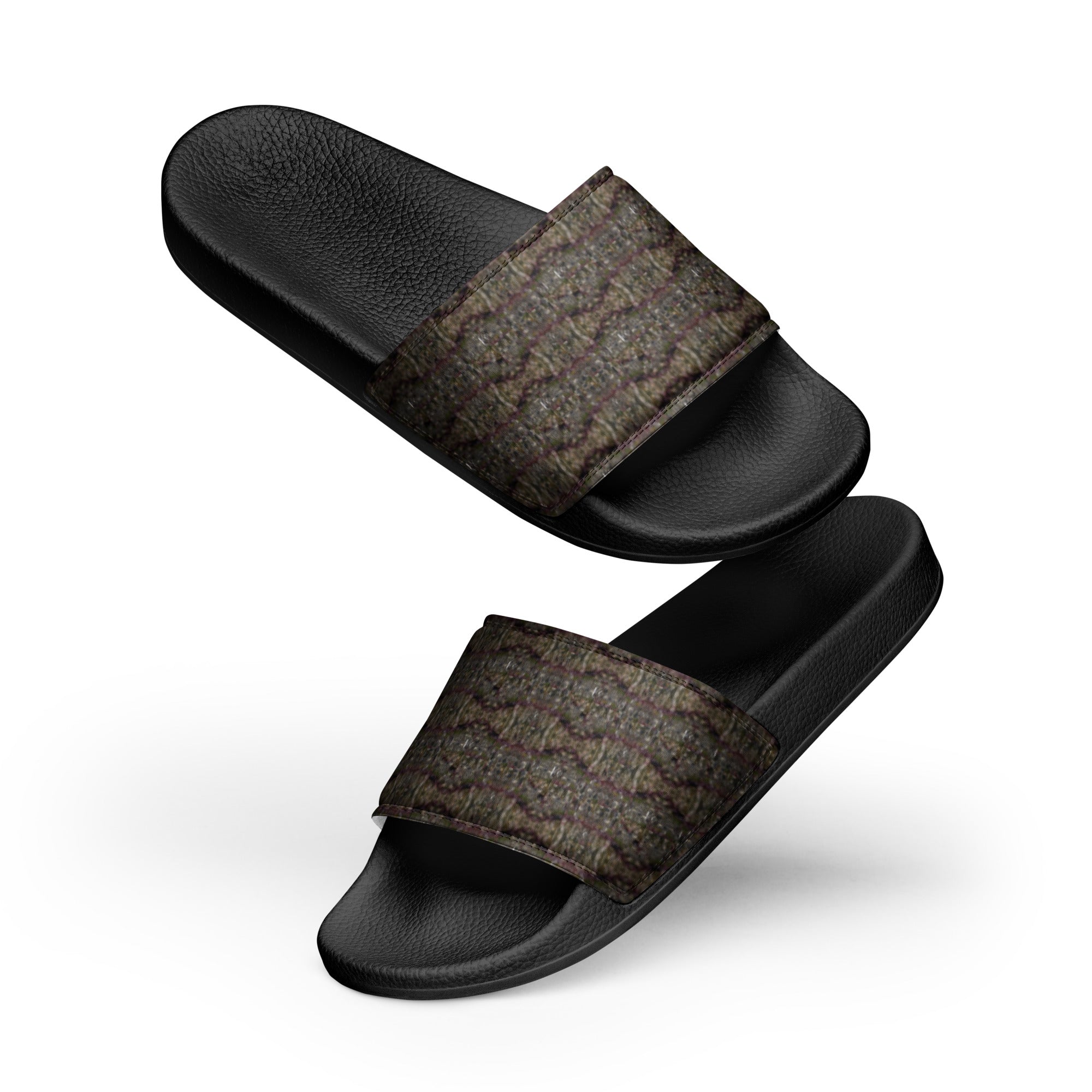 Black Trichoman men's slides by BudWear featuring cannabis trichome design, with front view showing slip-on style and textured footbed.