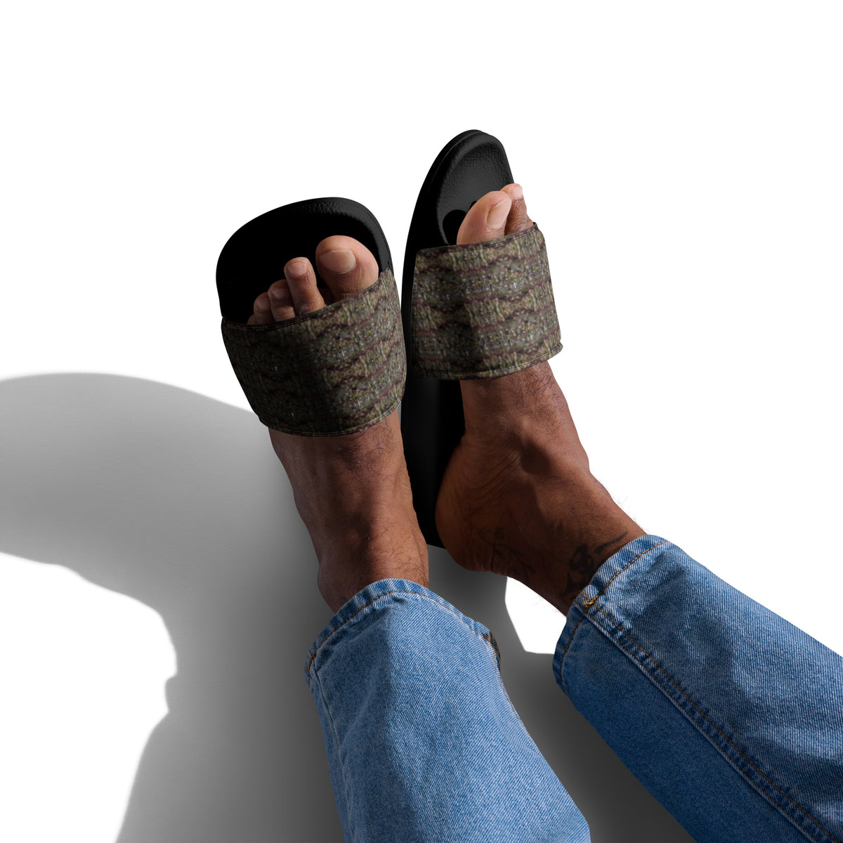 Black Trichoman Men's Slides by BudWear featuring cannabis trichome design, stylish slide sandals with a comfortable fit.