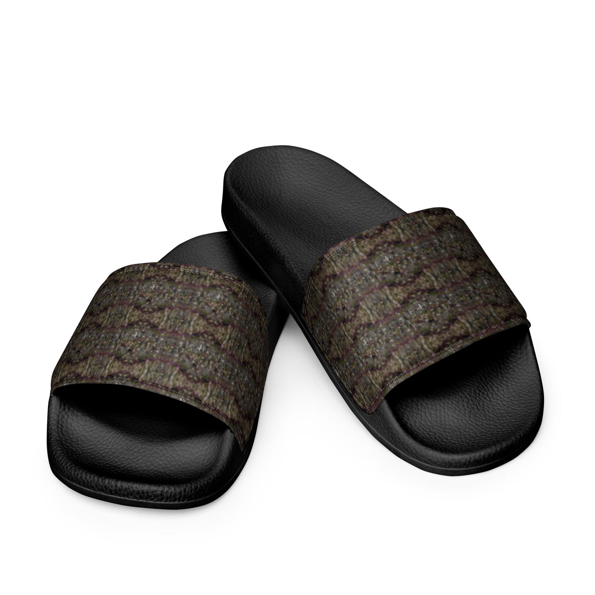 Black Trichoman men's slides featuring cannabis trichome design by BudWear, shown from the front view.
