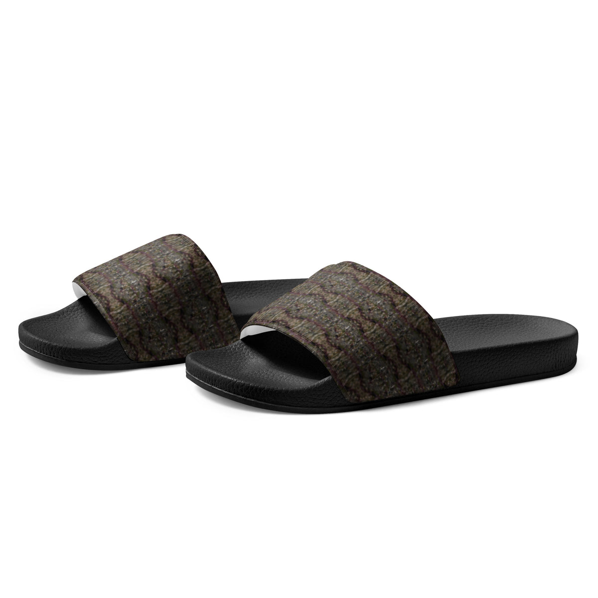Black Dripping Trichome Men’s slides by BudWear, featuring a stylish slip-on shoe design with a dripping trichome pattern on the front.
