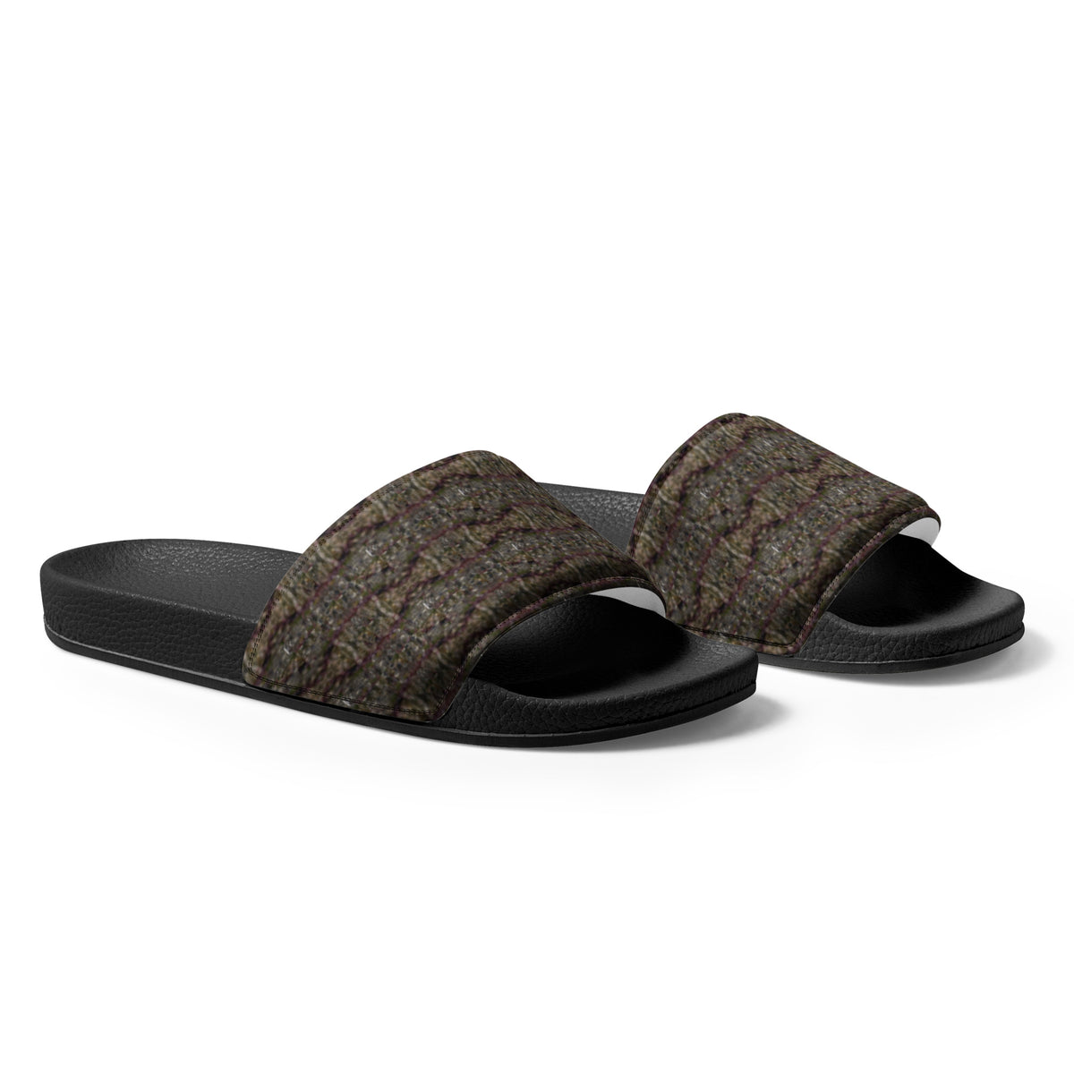 Black Trichoman men's slides from BudWear featuring cannabis trichome design, right front view.