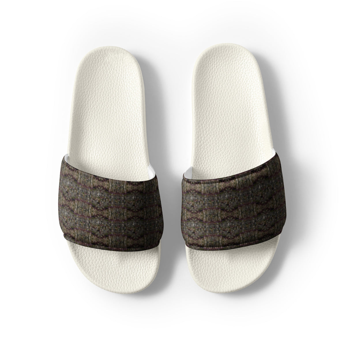 White men's slides by BudWear featuring cannabis trichome design, casual open-toe sandals with a comfortable slip-on style.