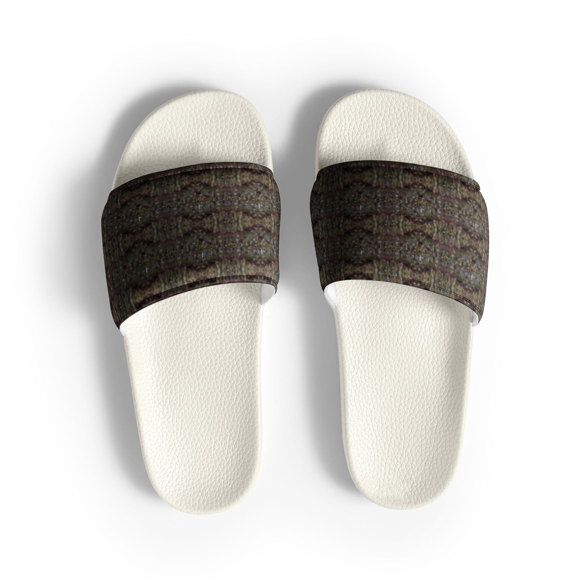White Dripping Trichome Men’s slides by BudWear, stylish casual shoes with bold dripping design on the front.