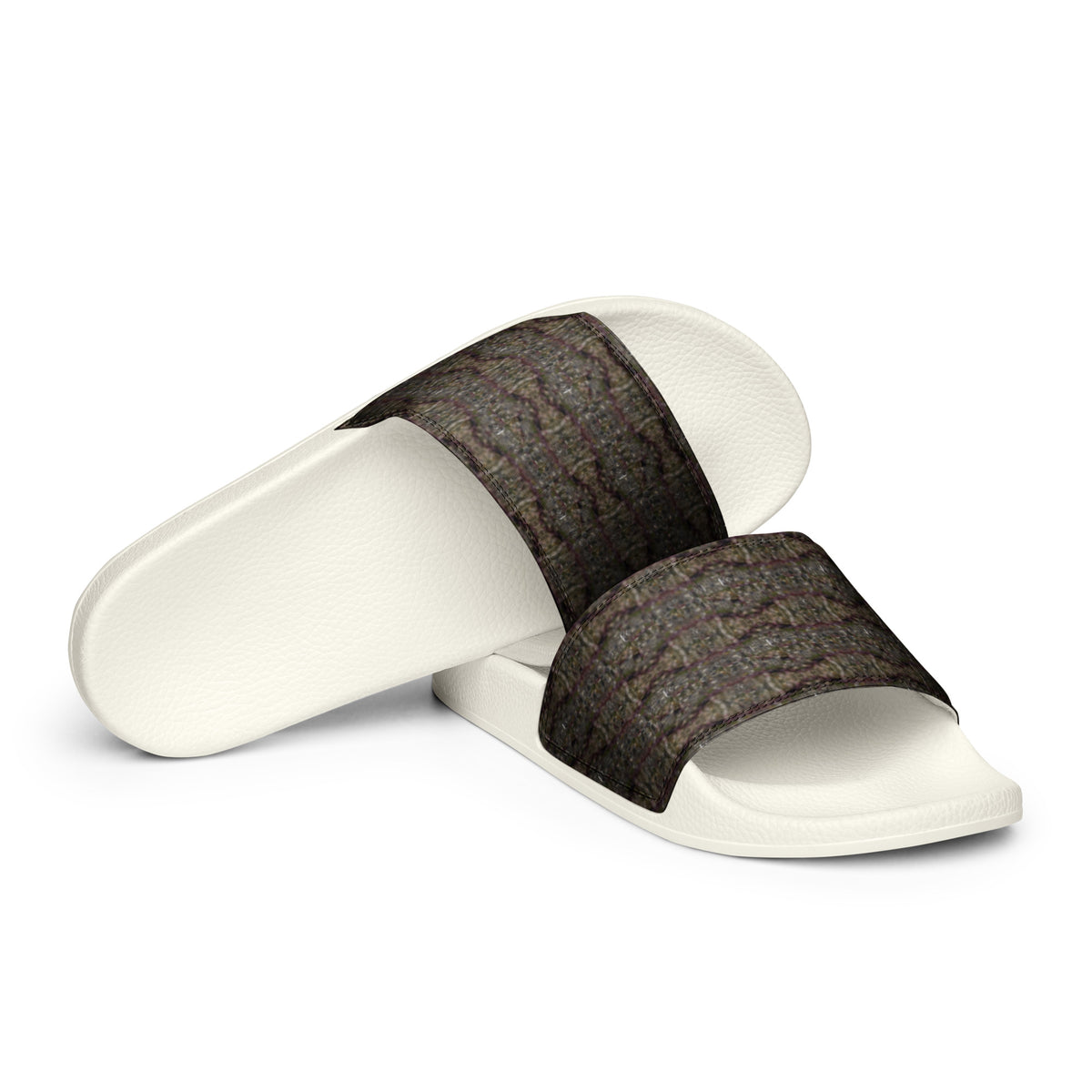 White Dripping Trichome Men’s slides by BudWear, casual slip-on shoes with a unique dripping design detail on the front.