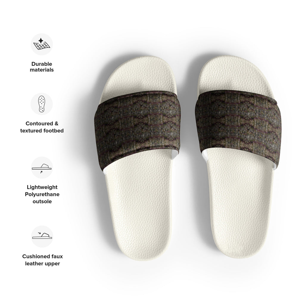 White men's slides from BudWear with cannabis trichome design, featuring comfortable slip-on style and casual footwear.