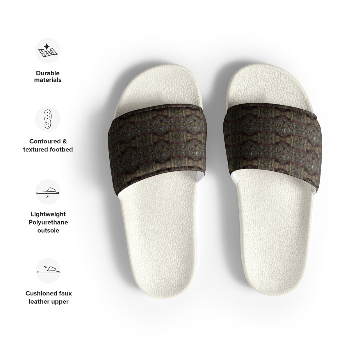 White Trichoman men's slides featuring cannabis trichome design, by BudWear, with open-toe style and casual slip-on fit.