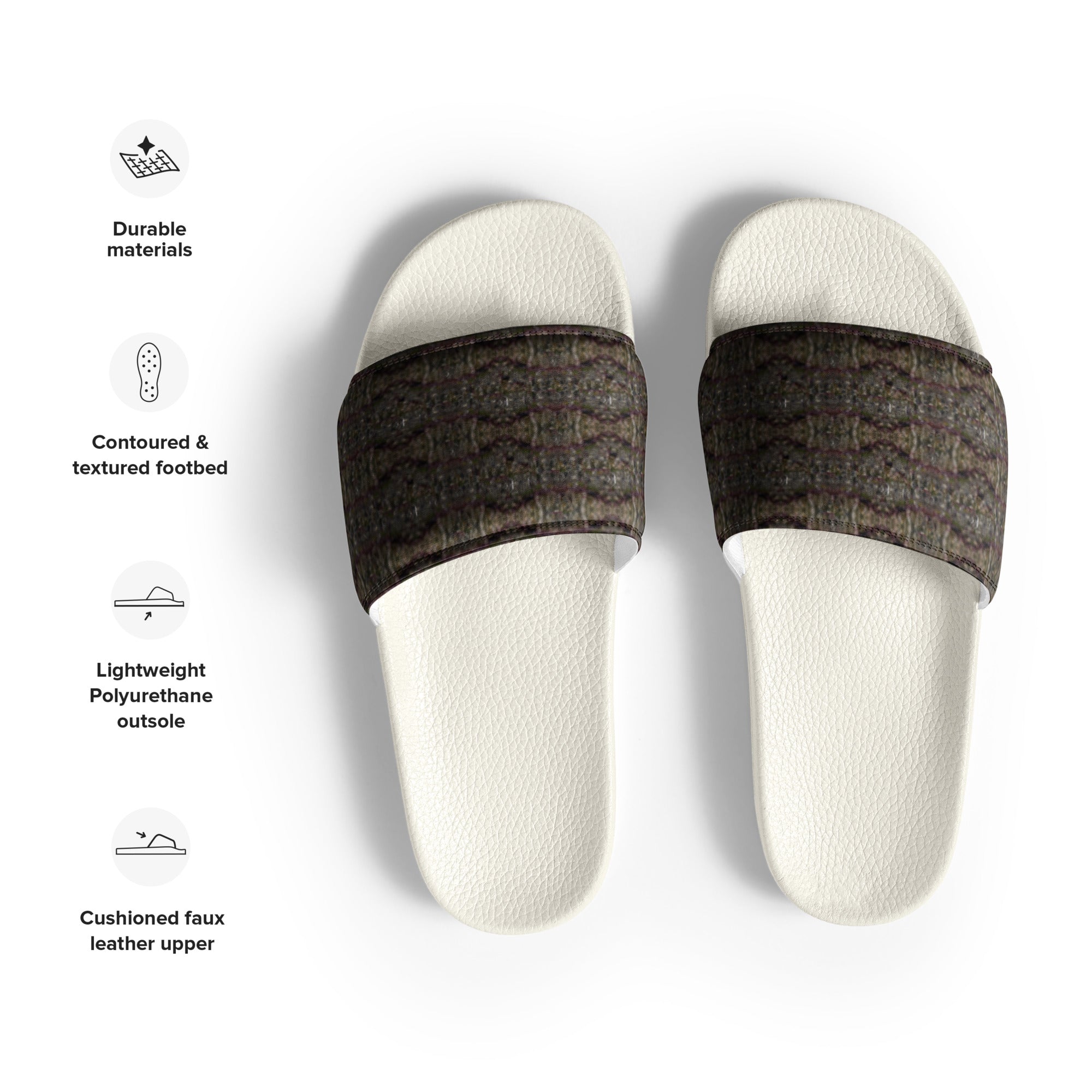 White men's slides from BudWear with cannabis trichome design, featuring comfortable slip-on style and casual footwear.