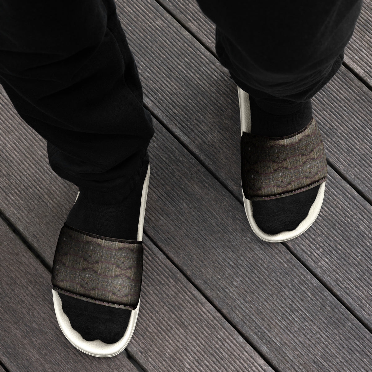 White Trichoman men's slides by BudWear featuring cannabis trichome design, casual open-toe footwear for men.