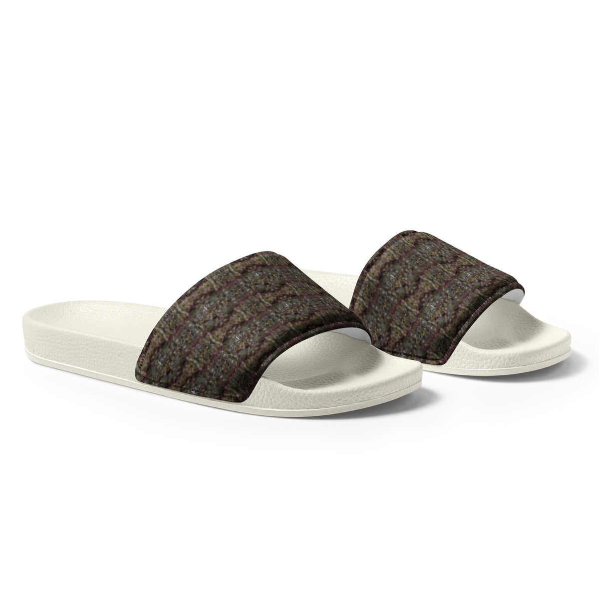 White Dripping Trichome Men’s slides from BudWear, front view showing stylish design and comfortable slip-on shoes.