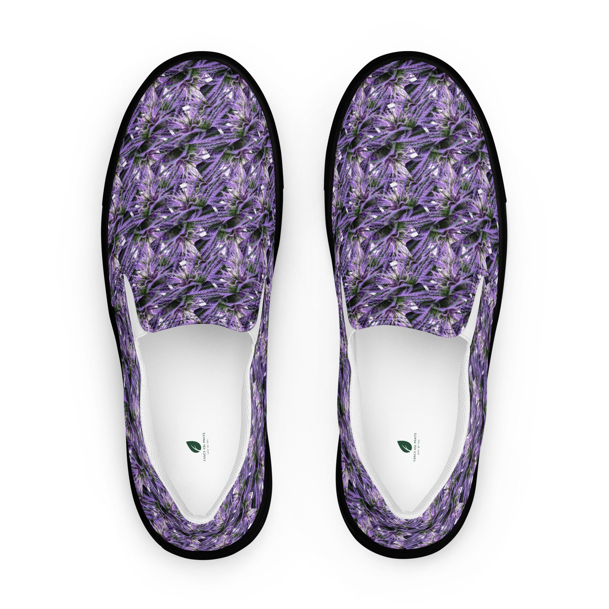 Purple Haze men's slip-on canvas shoes by Bud Wear, featuring a sleek black front design and comfortable casual style.
