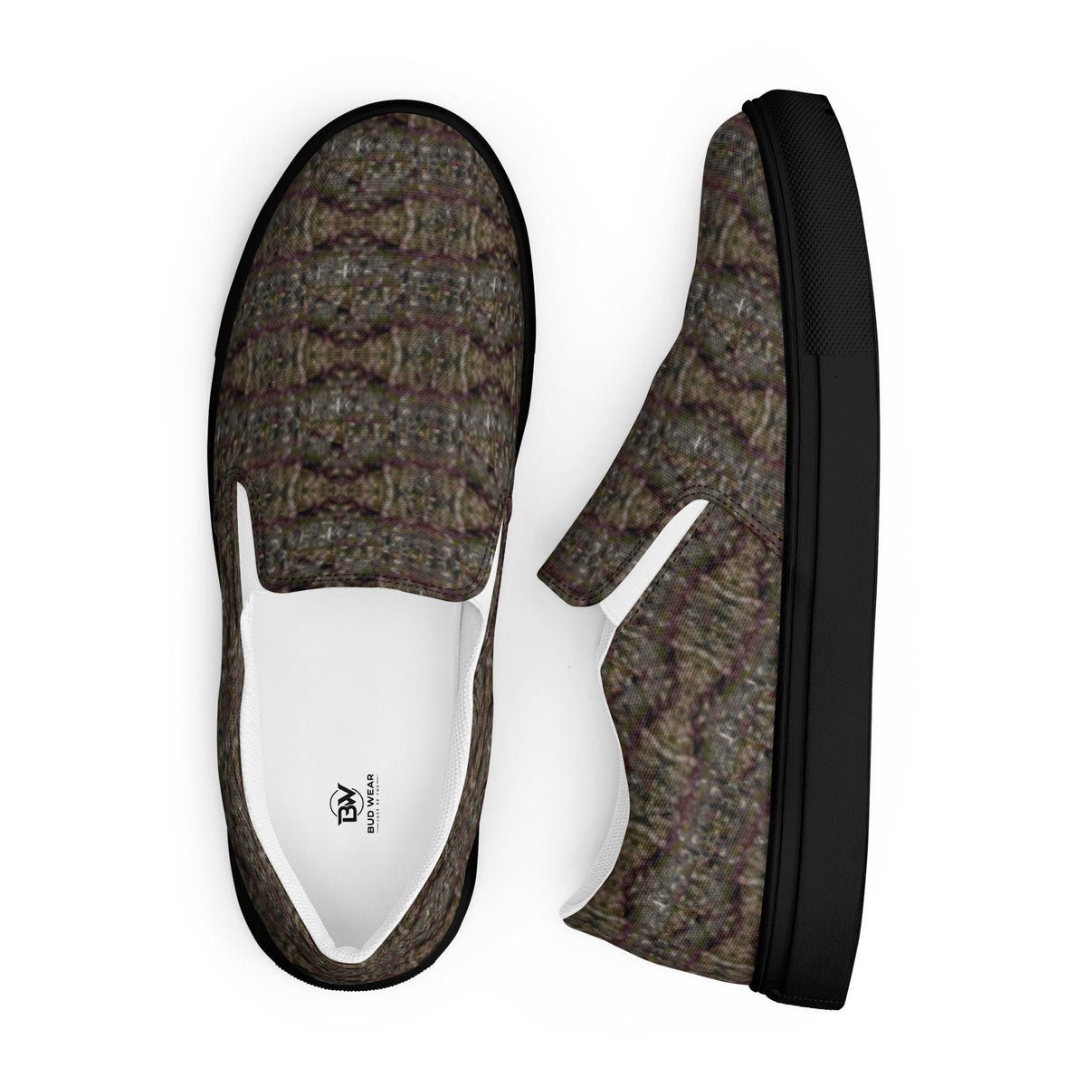 Black Tricoman Canvas Slip-On Shoes for men by BudWear, featuring a comfortable slip-on design and artistic nature-inspired print.
