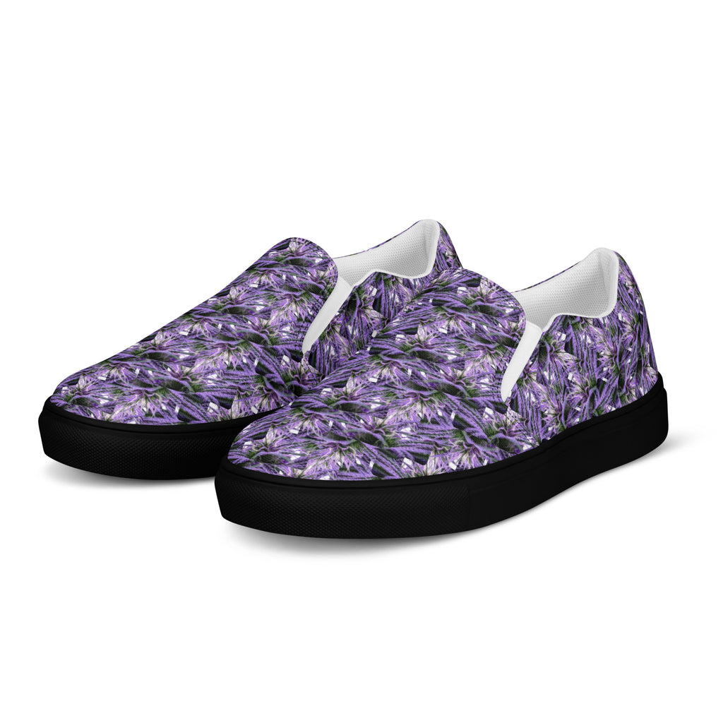 Purple Haze men's slip-on canvas shoes by Bud Wear, front view showing black and purple design on comfortable casual shoes.