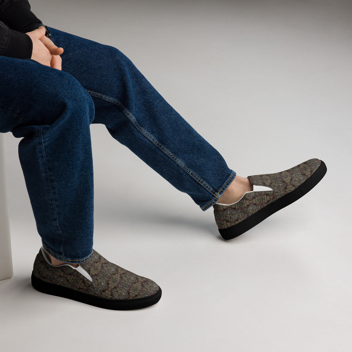 Black Tricoman Canvas Slip-On Shoes for men by BudWear, showcasing comfortable, stylish slip-on design with nature-inspired art details.