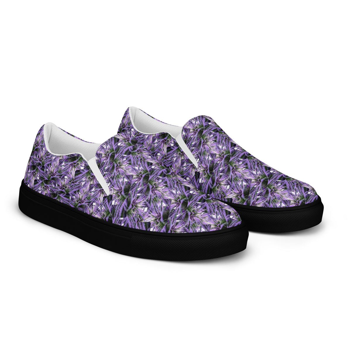 Men’s black slip-on canvas shoes by Bud Wear, shown from the front right side with a close-up view.