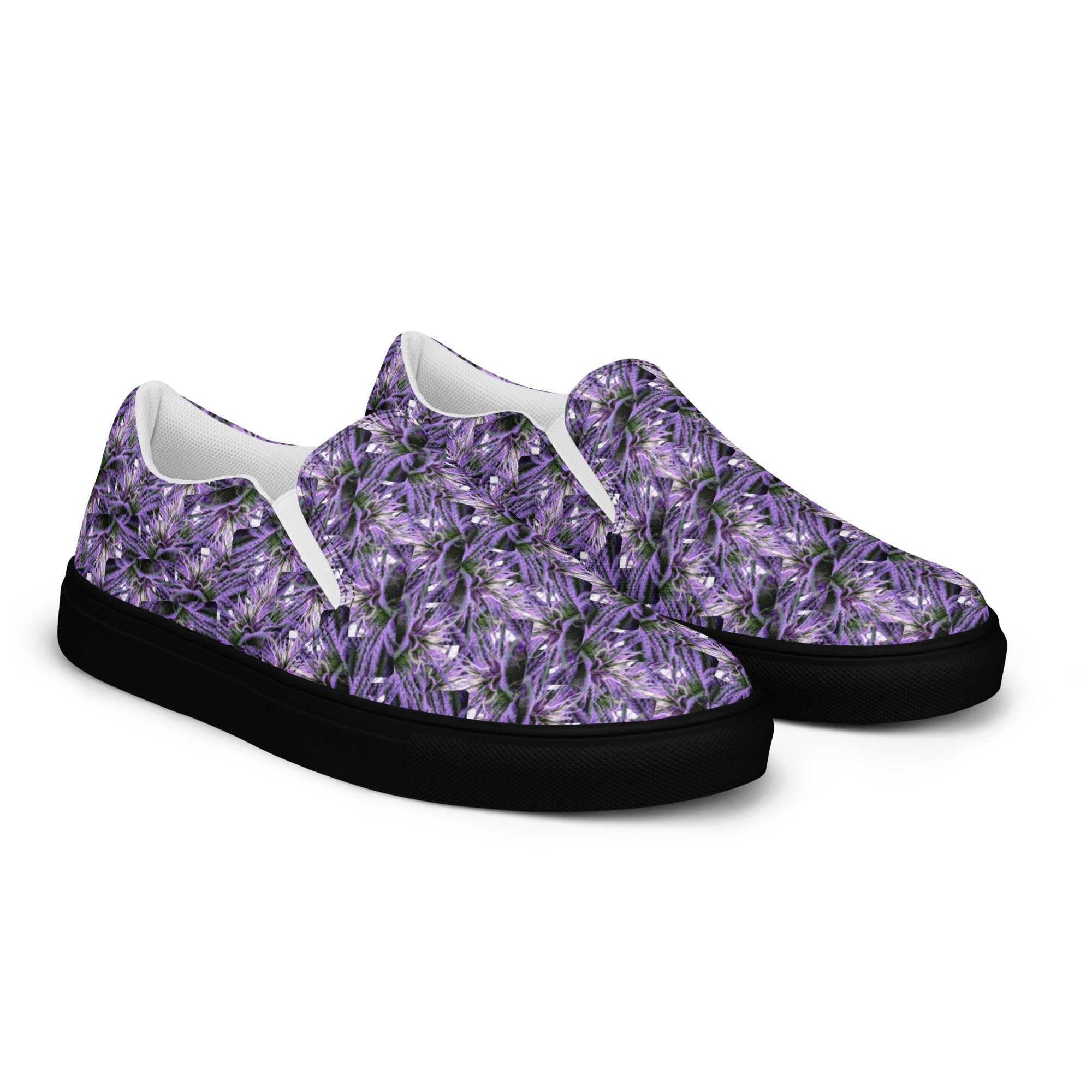 Purple Haze men's slip-on canvas shoes by Bud Wear, showing the right front view with purple and black design details.