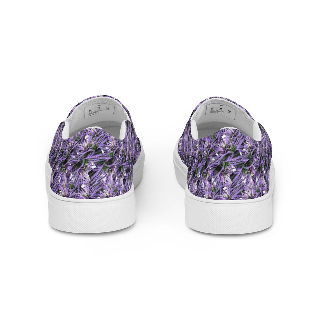 Purple Haze men's slip-on canvas shoes by Bud Wear, showcasing white soles and stylish purple design from the back view.