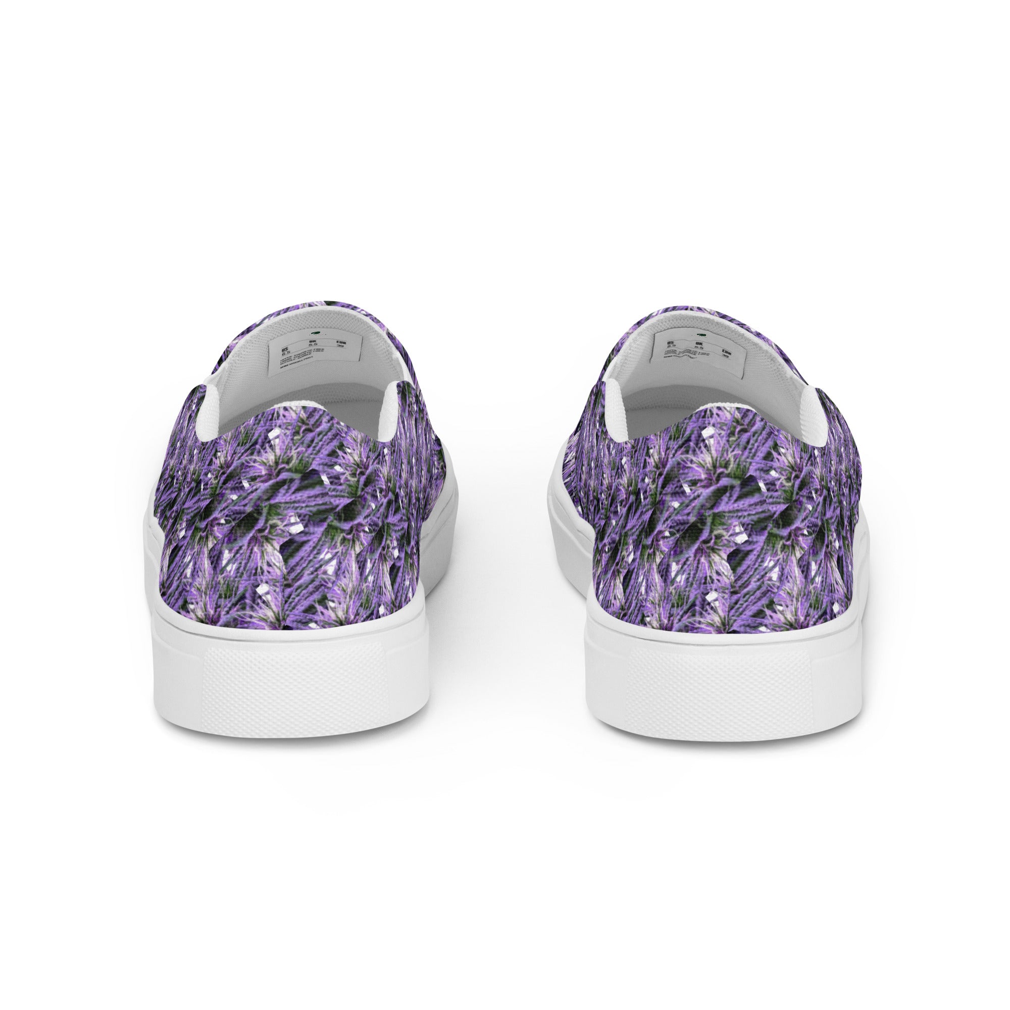 Purple Haze men's slip-on canvas shoes by Bud Wear, showcasing white soles and stylish purple design from the back view.