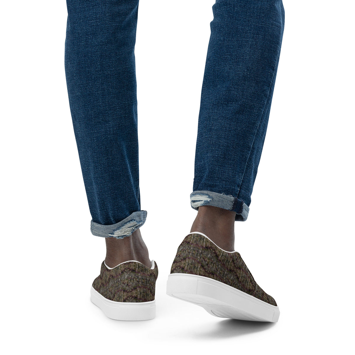 Men's white Tricoman Canvas Slip-On Shoes by BudWear, showcasing a back view of comfortable, casual footwear with natural art-inspired design.