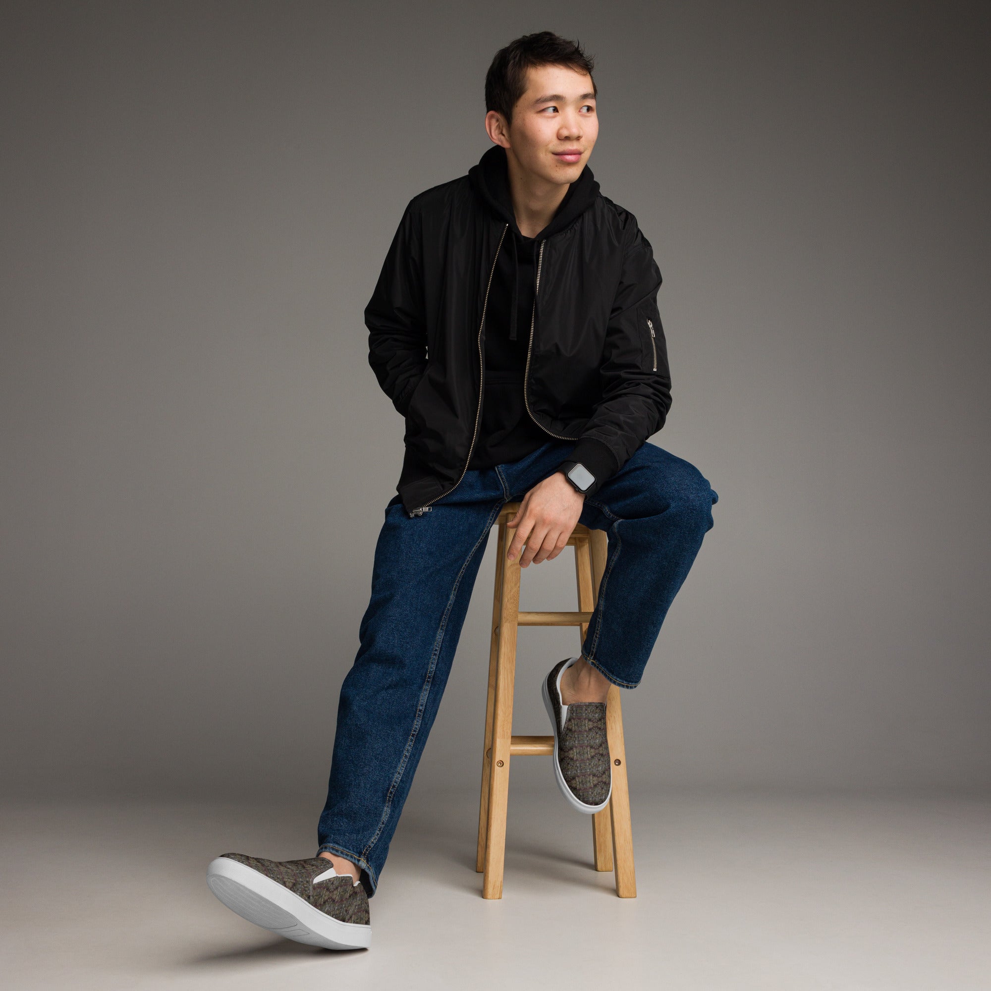 White Tricoman Canvas Slip-On Shoes for men by BudWear, featuring a comfortable design with nature-inspired art on the front.