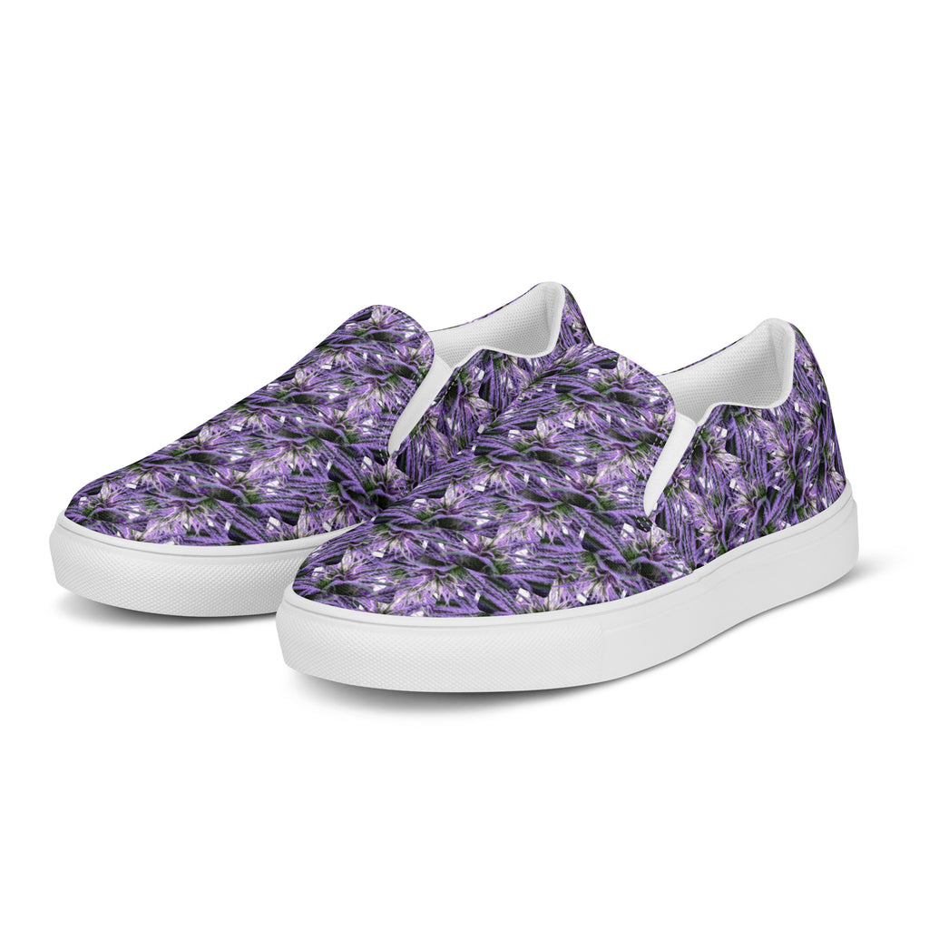Purple Haze men's slip-on canvas shoes by Bud Wear, showing a front view of the white and purple footwear.