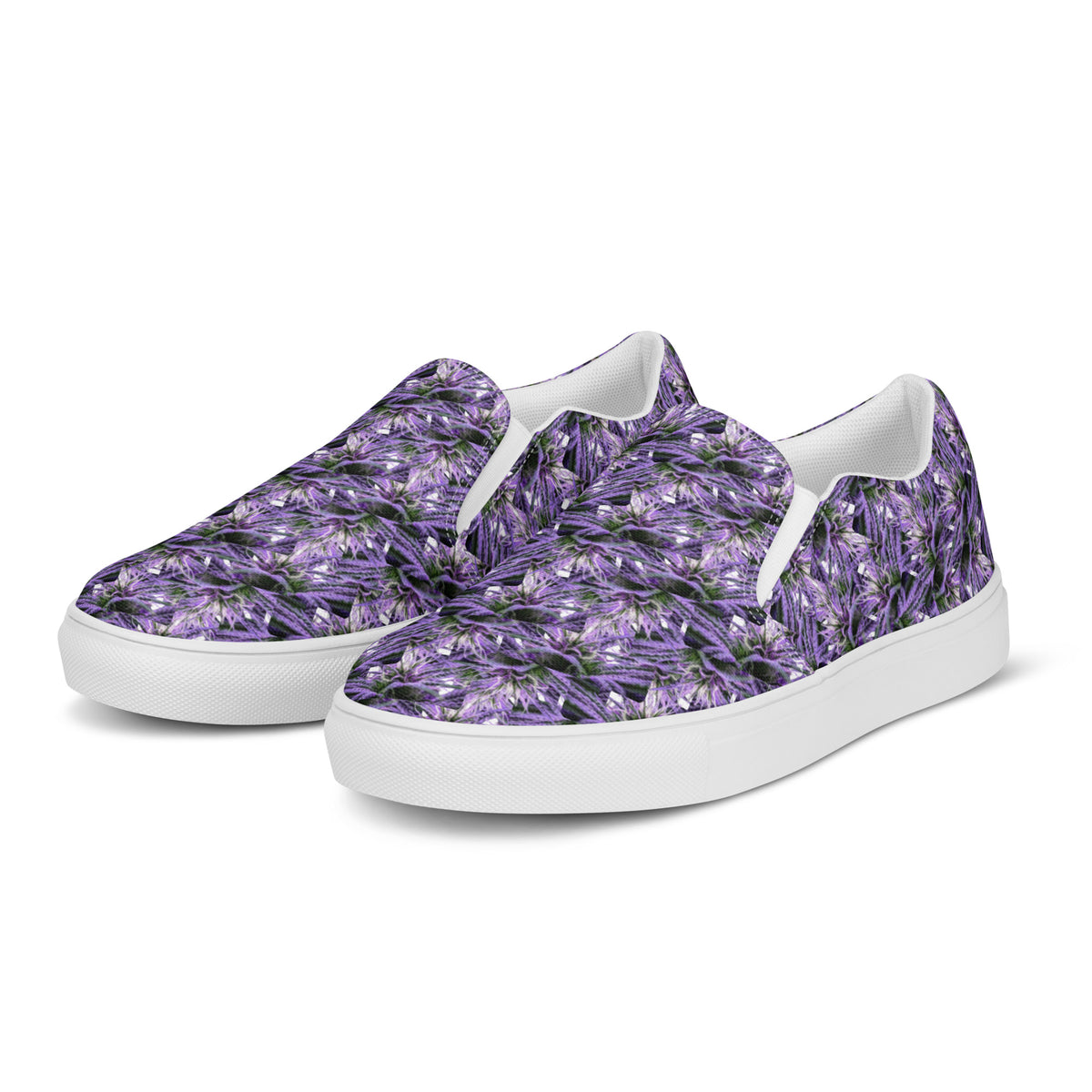 White men's slip-on canvas shoes by Bud Wear, showing the front left view with sleek design and comfortable fit.